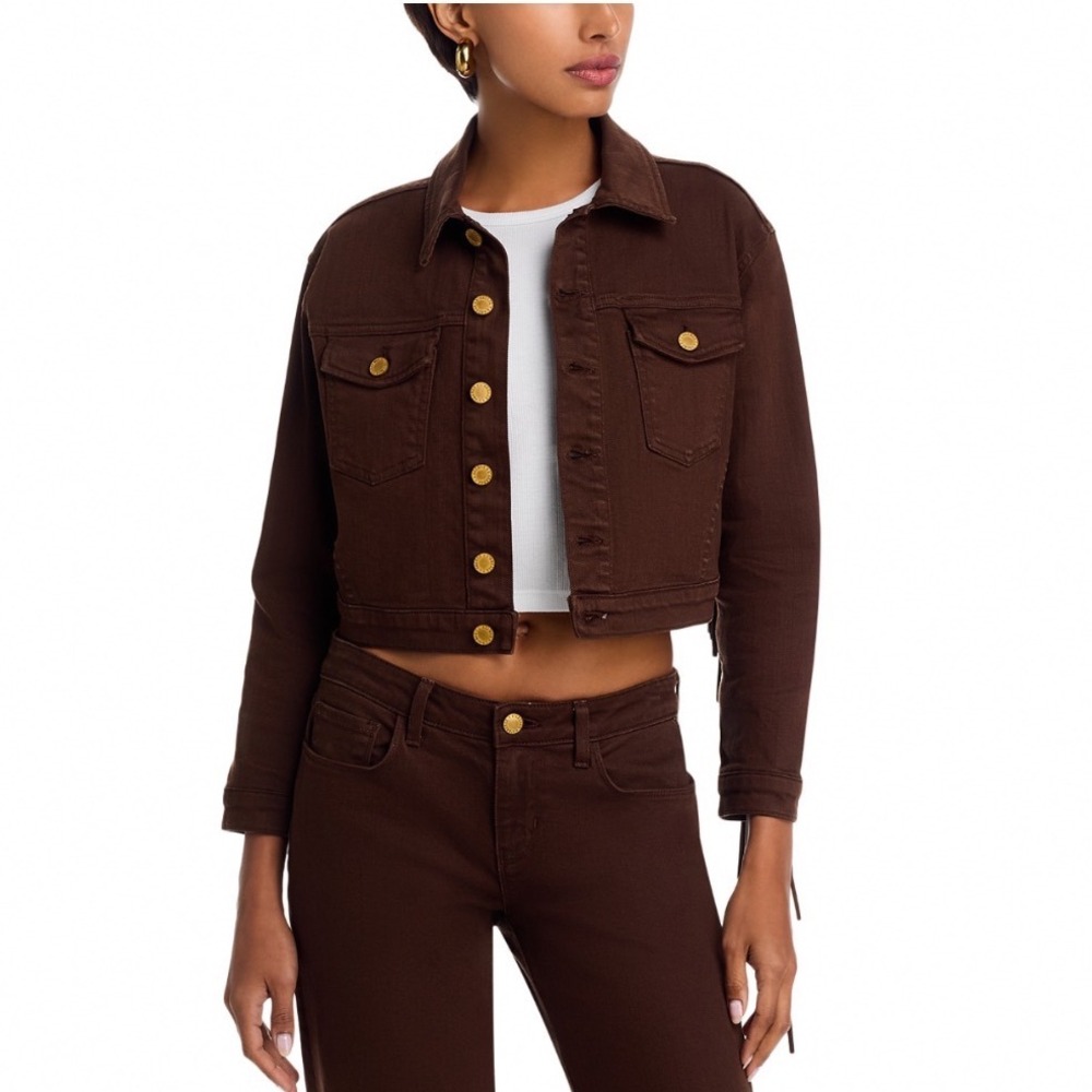 L'AGENCE Koda Fringe Jacket Brown Cropped Denim Style Gold Buttons Small NEW‎